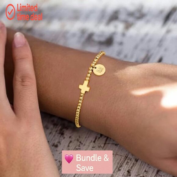 Gold Cross Initial Bracelet Dainty Stretch 6.5in Religious Jewelry Gift - Picture 4 of 8